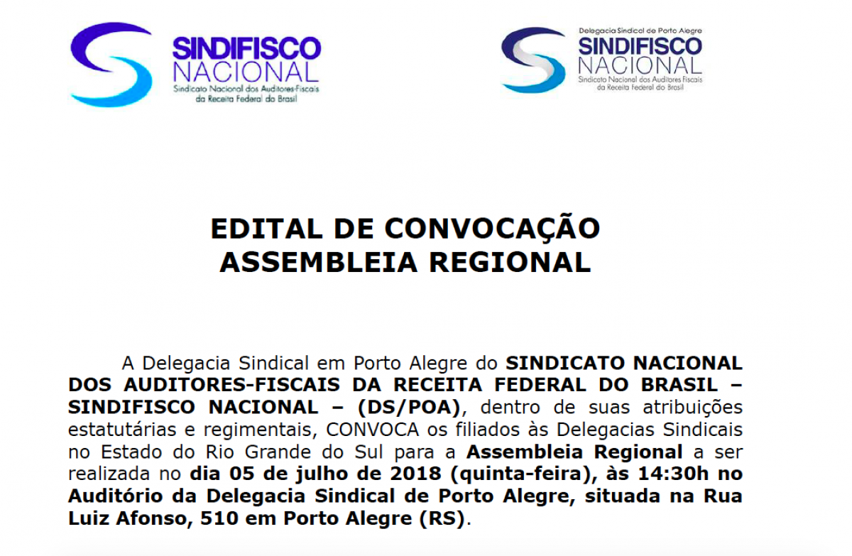 Jurídico: convocação para Assembleia Regional