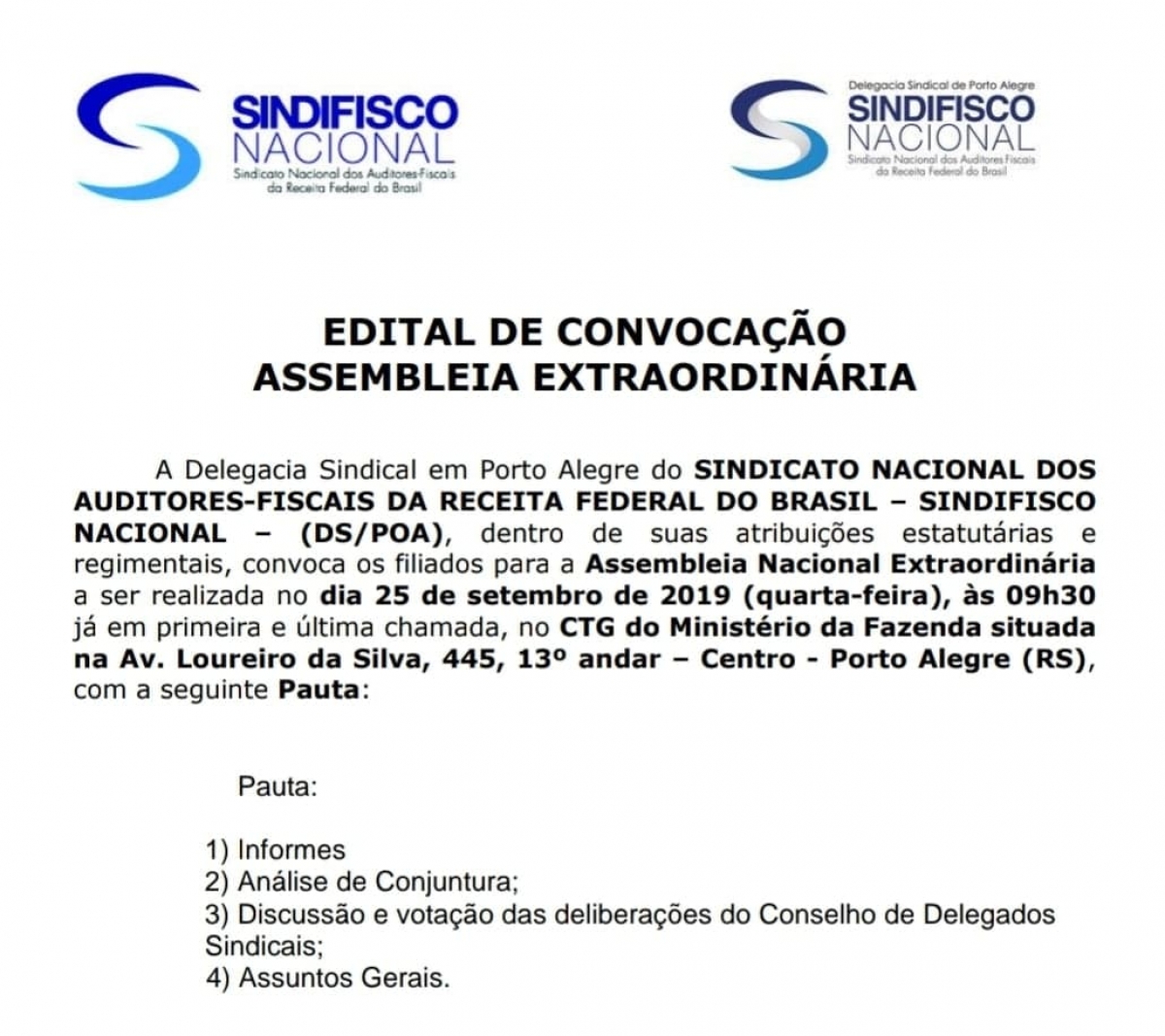 DSPOA convoca para Assembleia dia 25