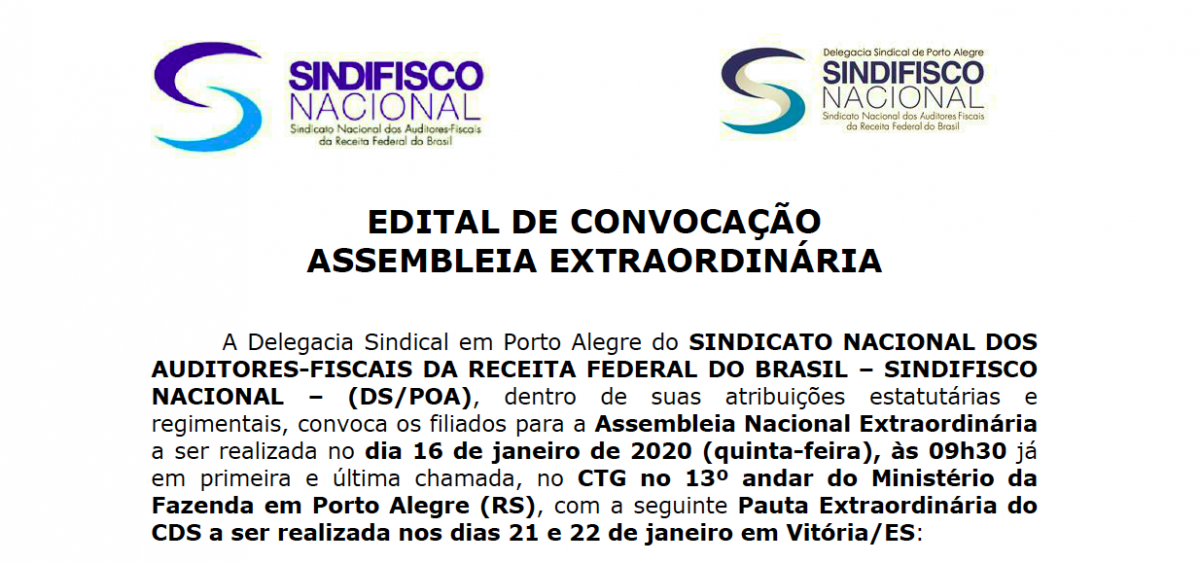 AGE nesta quinta, 16 de janeiro