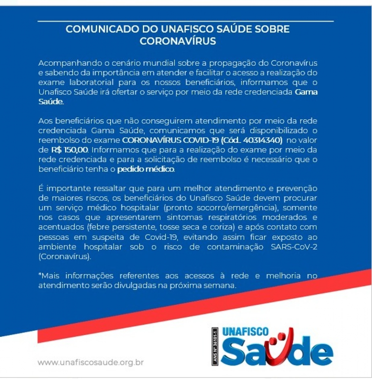 Comunicado do Unafisco Saúde sobre coronavírus