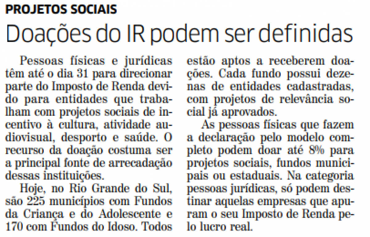 Doações do IR podem ser definidas